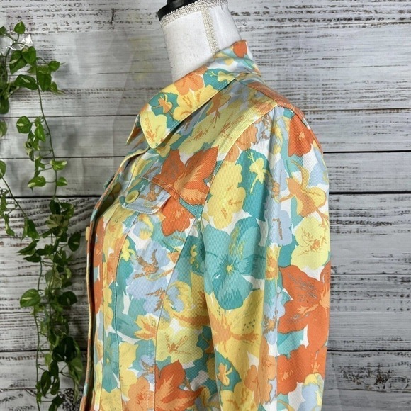 Nicole Miller Denim Jean Jacket size 12 Orange Yellow Floral Pockets Stretch - Picture 8 of 11